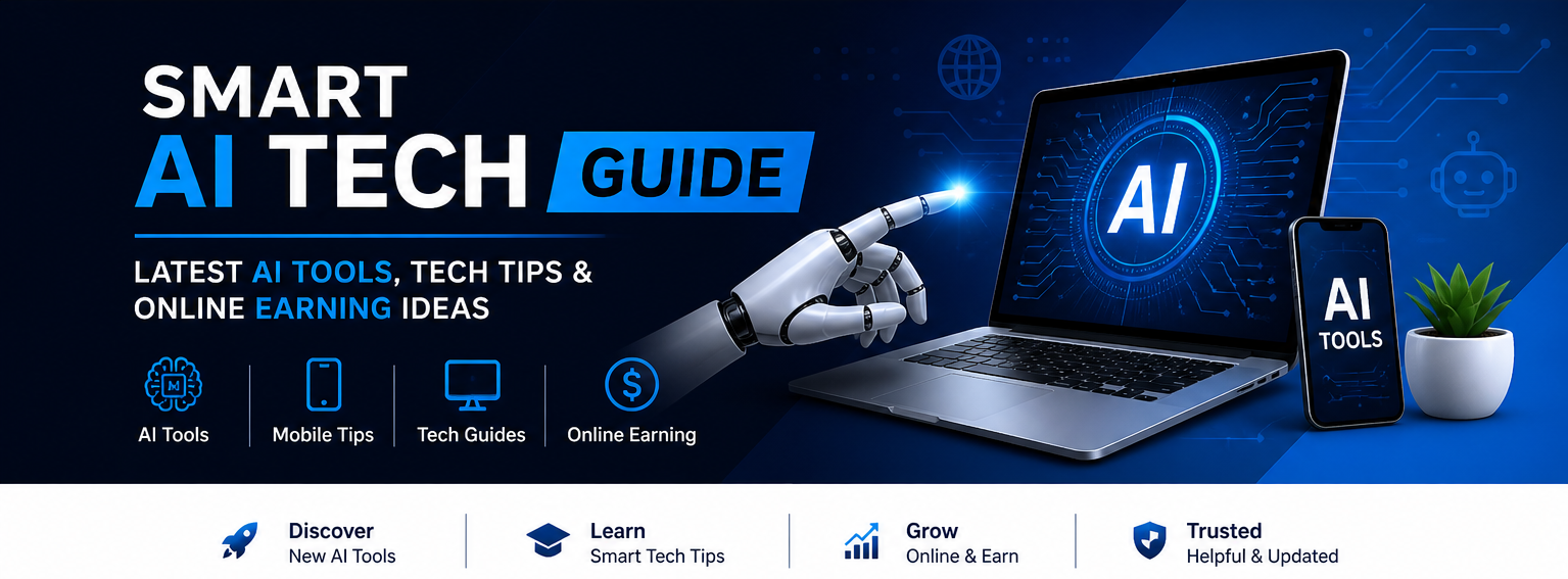 “Smart AI Tech Guide AI tools and tech tips banner with laptop and robot hand”